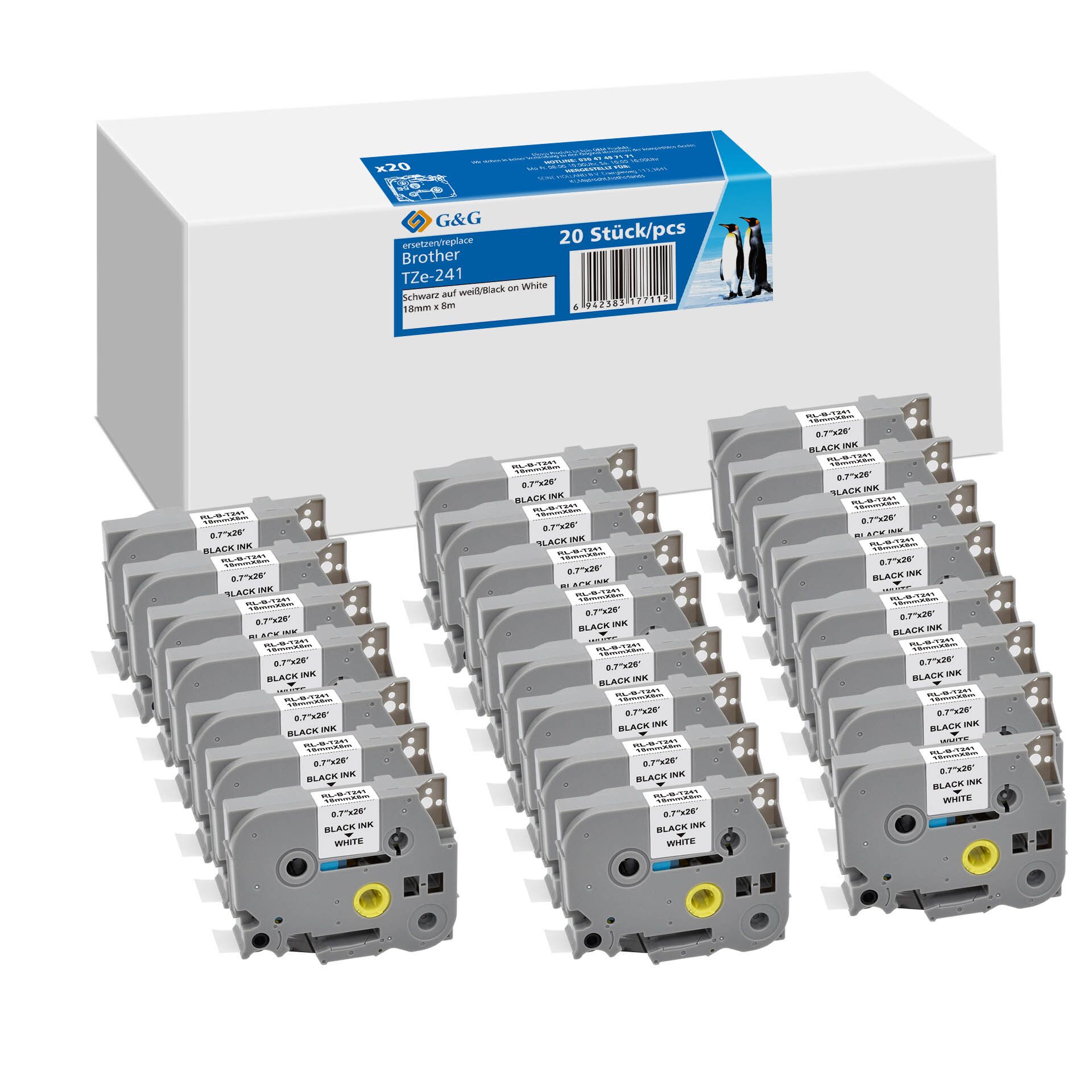 20x G&G Label Tape 18mmx8m B/W compatible with Brother TZe-241