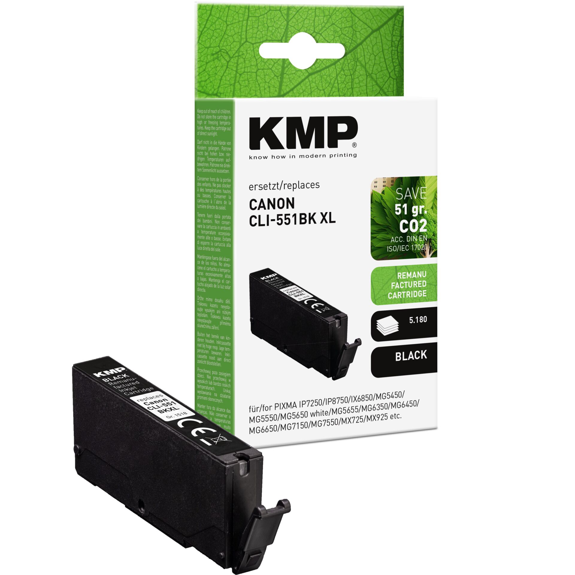 KMP ink black replaces Canon CLI-551 BK XL 6443B001