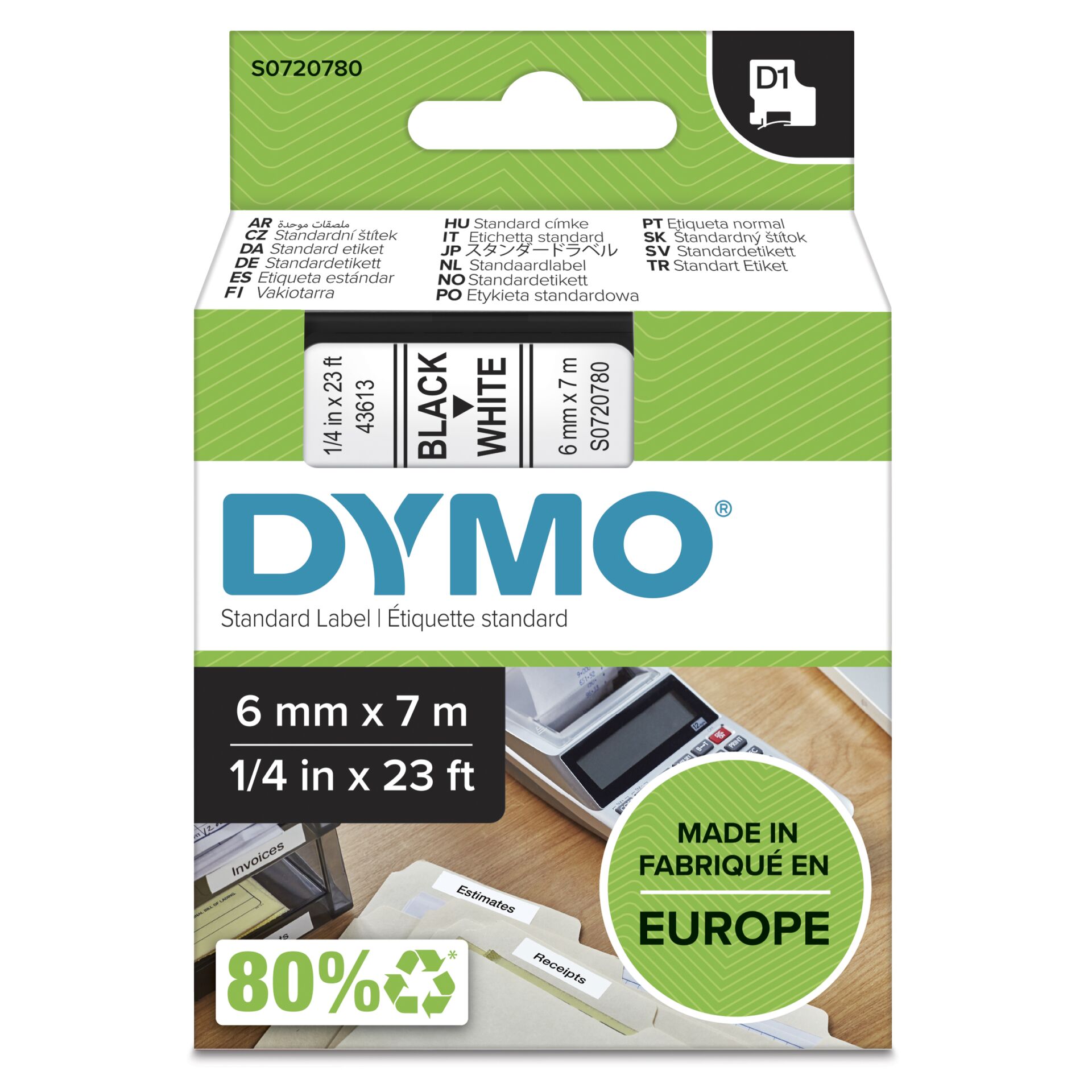 Dymo D1 6mm Black/White labels 43613